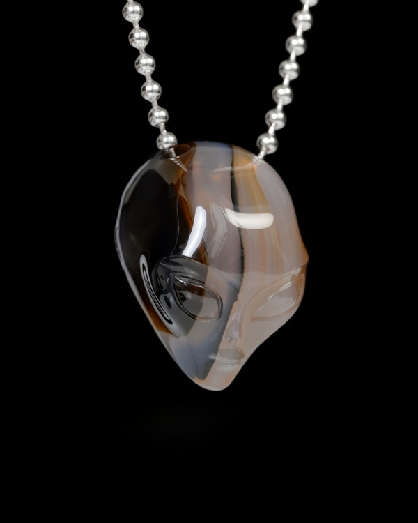 Hollow Essence - Necklace of 1.3" Agate Hand Carved Crystal Alien Pendant, Skull Jewelry
