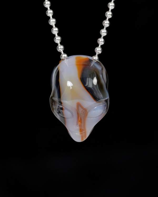 Hollow Essence - Necklace of 1.3" Agate Hand Carved Crystal Alien Pendant, Skull Jewelry