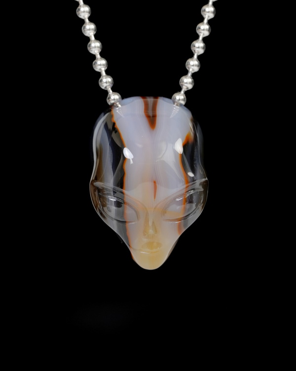 Hollow Essence - Necklace of 1.3" Agate Hand Carved Crystal Alien Pendant, Skull Jewelry