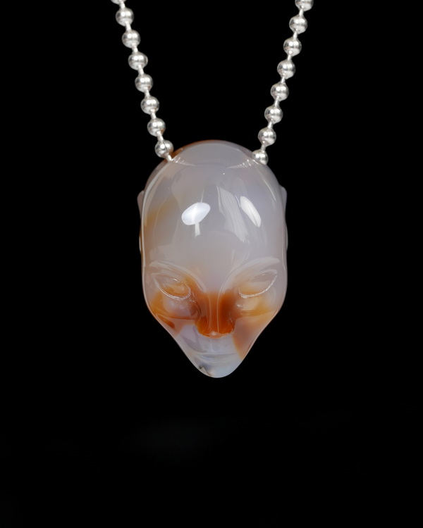 Hollow Essence - Necklace of 1.1" Agate Hand Carved Crystal Elf Pendant, Skull Jewelry