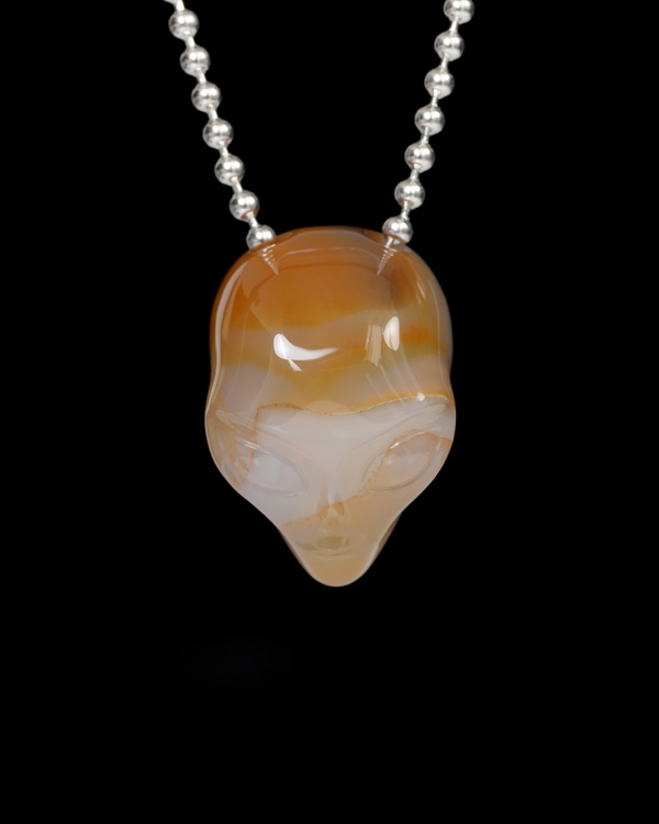 Hollow Essence - Necklace of 1.3" Agate Hand Carved Crystal Alien Pendant, Skull Jewelry