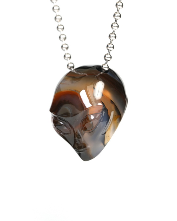 Hollow Essence - Necklace of 1.3" Agate Hand Carved Crystal Alien Pendant, Skull Jewelry