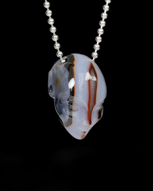 Hollow Essence - Necklace of 1.3" Black Zebra Agate Hand Carved Crystal Skull Pendant, Skull Jewelry