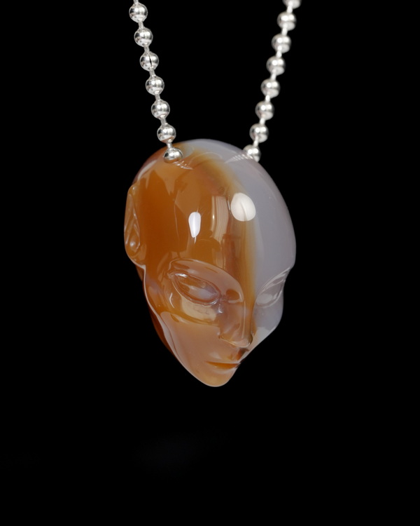Hollow Essence - Necklace of 1.3" Agate Hand Carved Crystal Elf Pendant, Skull Jewelry