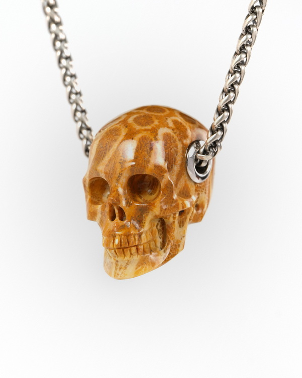Skullis Signature 1.2" Coral Fossil Hand Carved Crystal Skull Pendant, Crystal Healing Skull Jewelry, for Women & Men