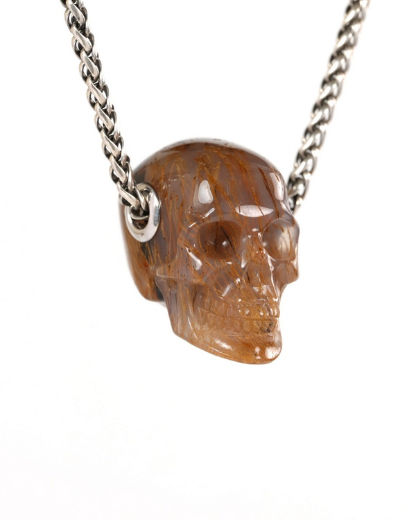 Skullis Signature 1.2" Sagenitic Agate Hand Carved Crystal Skull Pendant, Crystal Healing Skull Jewelry, for Women & Men