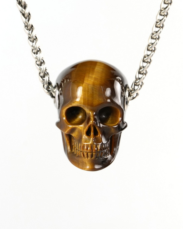 Skullis Signature 1.2" Gold Tiger's Eye Hand Carved Crystal Skull Pendant, Crystal Healing Skull Jewelry, for Women & Men