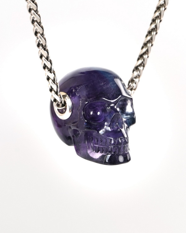 Skullis Signature 1.2" Fluorite Hand Carved Crystal Skull Pendant, Crystal Healing Skull Jewelry, for Women & Men