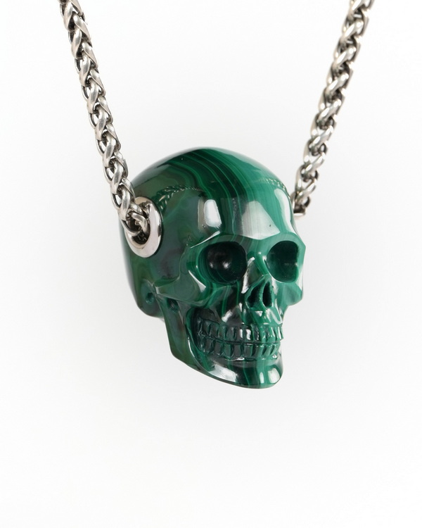 Skullis Signature 1.2" Malachite Hand Carved Crystal Skull Pendant, Crystal Healing Skull Jewelry, for Women & Men