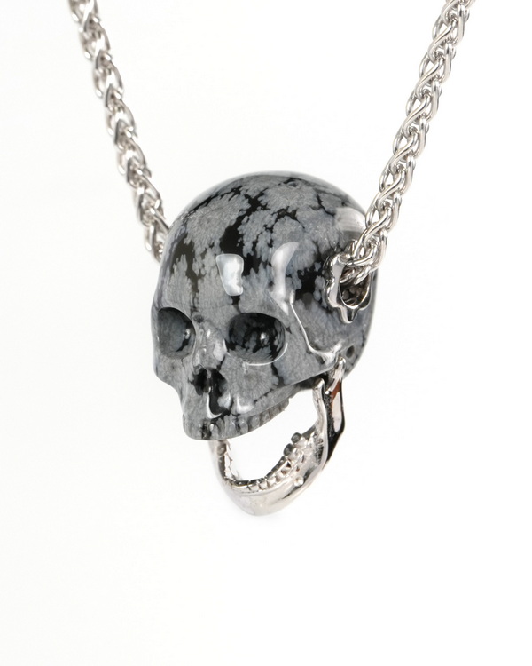 0.9" Snowflake Obsidian Hand Carved Skull with Movable Jaw in 925 Sterling Silver Pendant, Crystal Healing Skull Jewelry, for Women & Men