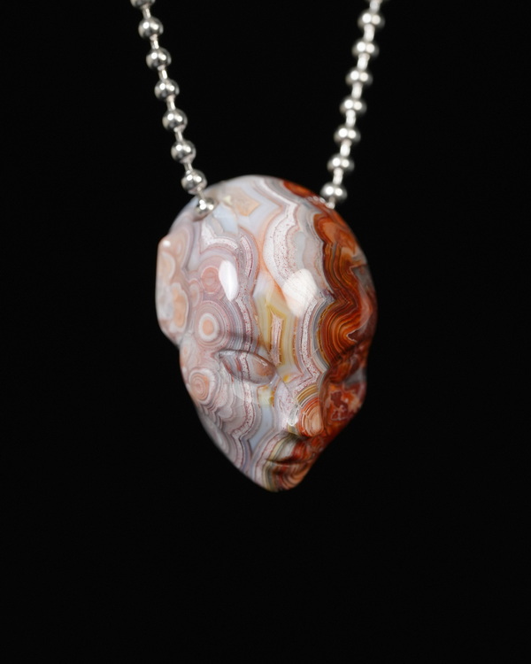Hollow Essence - 1.5" Red Crazy Lace Agate Hand Carved Crystal Fairy Elf Pendant, Skull Jewelry