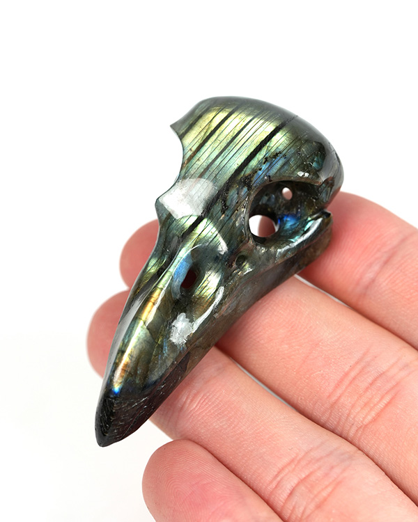 Night Pathfinder - 2.2" Labradorite Hand Carved Crystal Raven Skull Pendant, Crystal Healing Skull Jewelry, for Women & Men