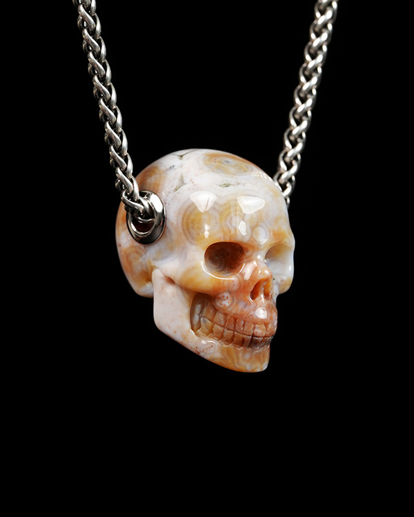 Skullis Signature 1.2" Ocean Jasper Hand Carved Crystal Skull Pendant, Crystal Healing Skull Jewelry, for Women & Men