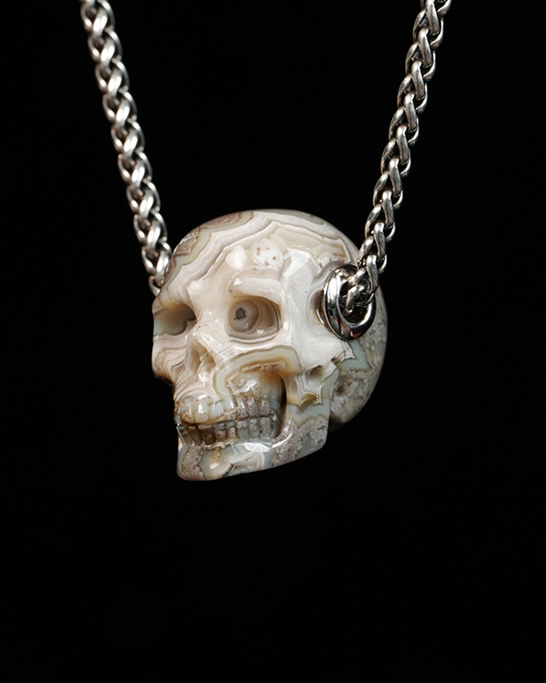 Skullis Signature 1.2" Red Crazy Lace Agate Hand Carved Crystal Skull Pendant, Crystal Healing Skull Jewelry, for Women & Men