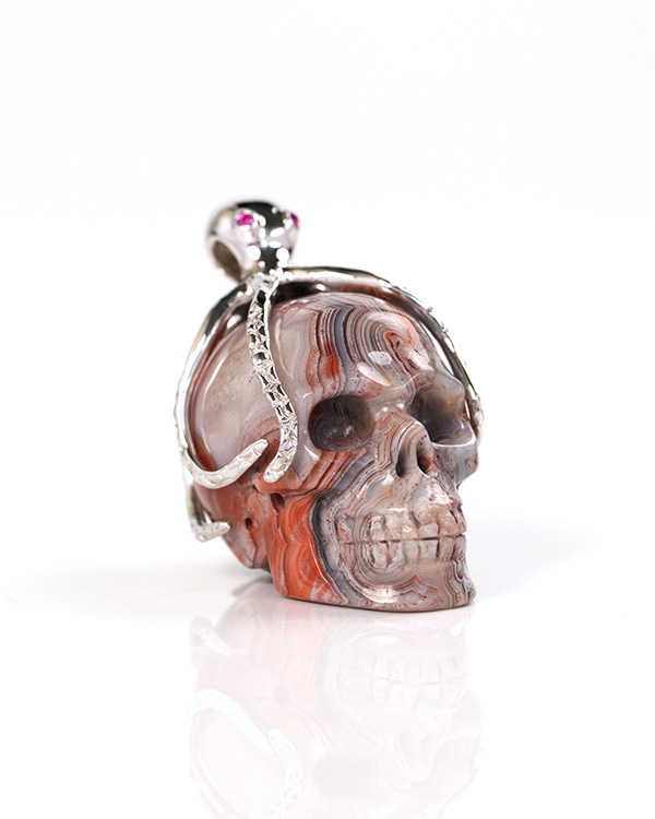 Embrace of the Abyssal Octopus - 1.6" Red Crazy Lace Agate Hand Carved Skull with 925 Sterling Silver Octopus in Ruby eyes Pendant, Skull Jewelry