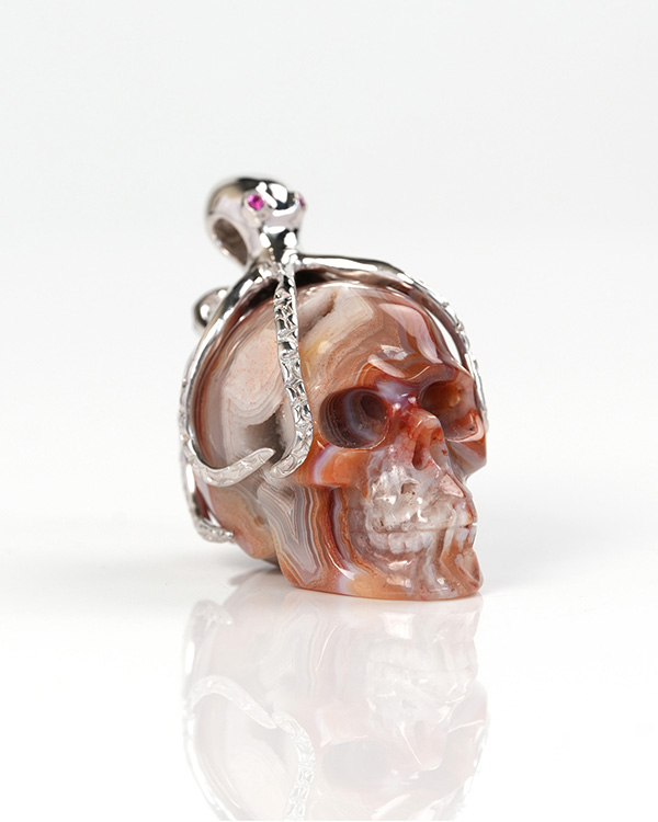 Embrace of Abyssal Octopus - 1.6" Red Crazy Lace Agate Hand Carved Skull with 925 Sterling Silver in Ruby eyes Pendant, Skull Jewelry