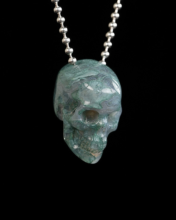 Hollow Essence - 1.4" Green Moss Agate Hand Carved Crystal Skull Pendant, Crystal Healing Skull Jewelry, for Women & Men