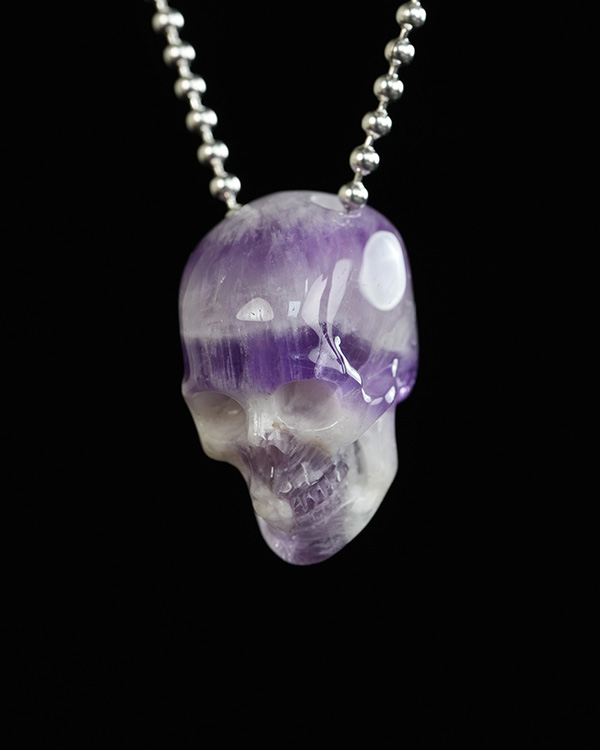 Hollow Essence - 1.4" Dream Chevron Amethyst Hand Carved Crystal Skull Pendant, Crystal Healing Skull Jewelry, for Women & Men