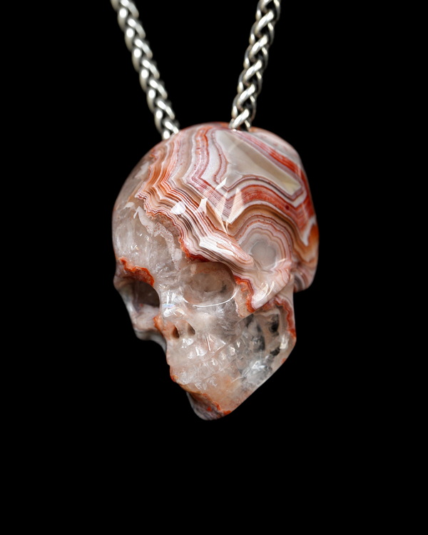 Hollow Essence - 1.4" Red Crazy Lace Agate Hand Carved Hollow Crystal Skull Pendant, Skull Jewelry