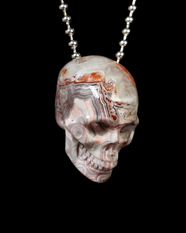 Hollow Essence - 1.4" Red Crazy Lace Agate Hand Carved Hollow Crystal Skull Pendant, Skull Jewelry