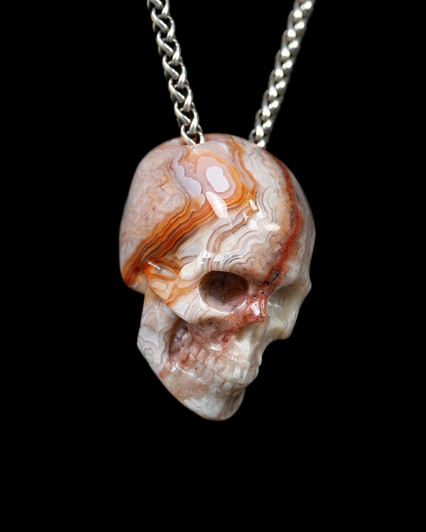 Hollow Essence - 1.4" Red Crazy Lace Agate Hand Carved Hollow Crystal Skull Pendant, Skull Jewelry