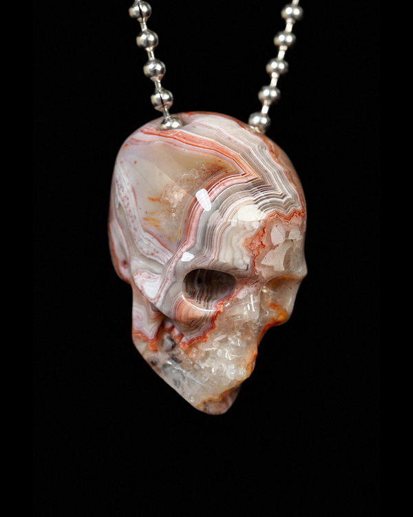 Hollow Essence - 1.4" Red Crazy Lace Agate Hand Carved Hollow Crystal Skull Pendant, Skull Jewelry
