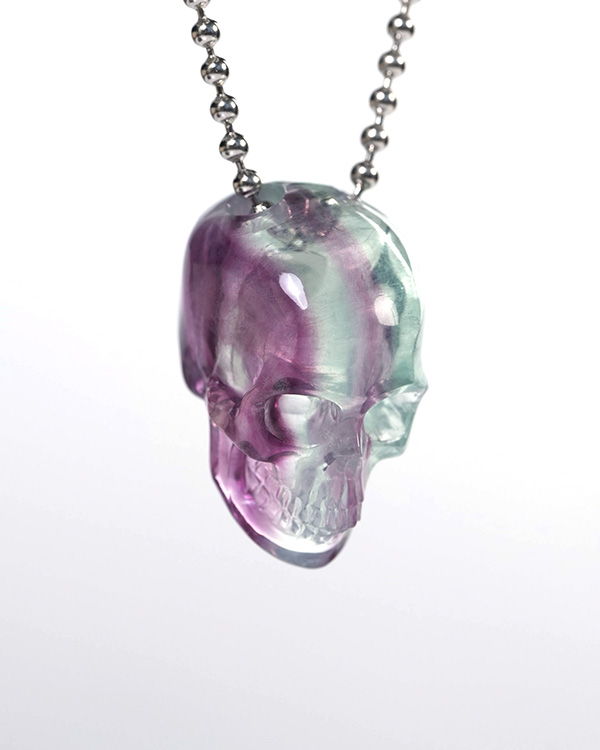 Hollow Essence - Necklace of 1.4" Fluorite Hand Carved Crystal Skull Pendant, Skull Jewelry