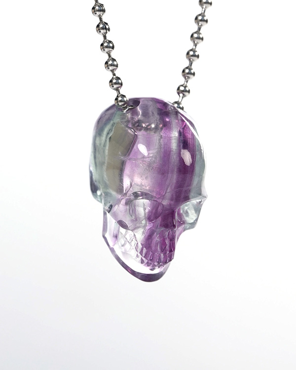 Hollow Essence - Necklace of 1.4" Fluorite Hand Carved Crystal Skull Pendant, Skull Jewelry