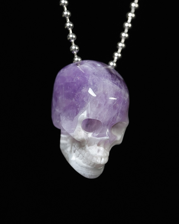 Hollow Essence - Necklace of 1.4" Dream Chevron Amethyst Hand Carved Crystal Skull Pendant, Skull Jewelry