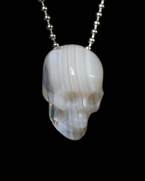 Hollow Essence - Necklace of 1.4" Agate Hand Carved Crystal Skull Pendant, Skull Jewelry