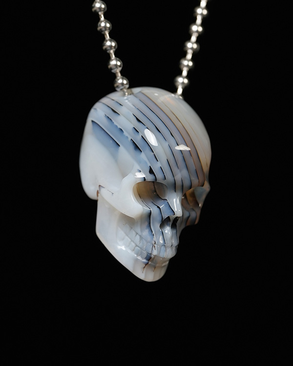 Hollow Essence -Necklace of 1.4" Agate Hand Carved Crystal Skull Pendant, Skull Jewelry