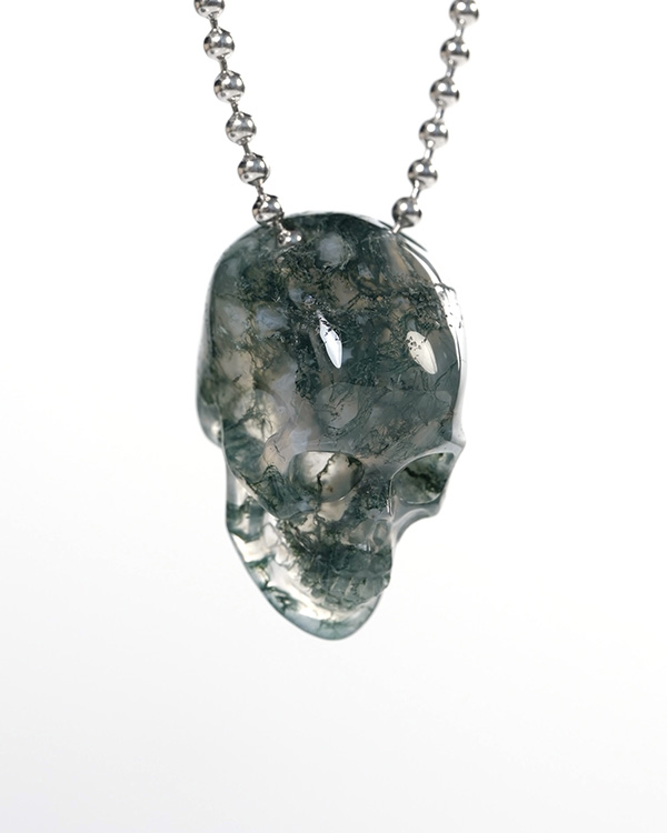 Hollow Essence - Necklace of 1.4" Green Moss Agate Hand Carved Crystal Skull Pendant, Skull Jewelry
