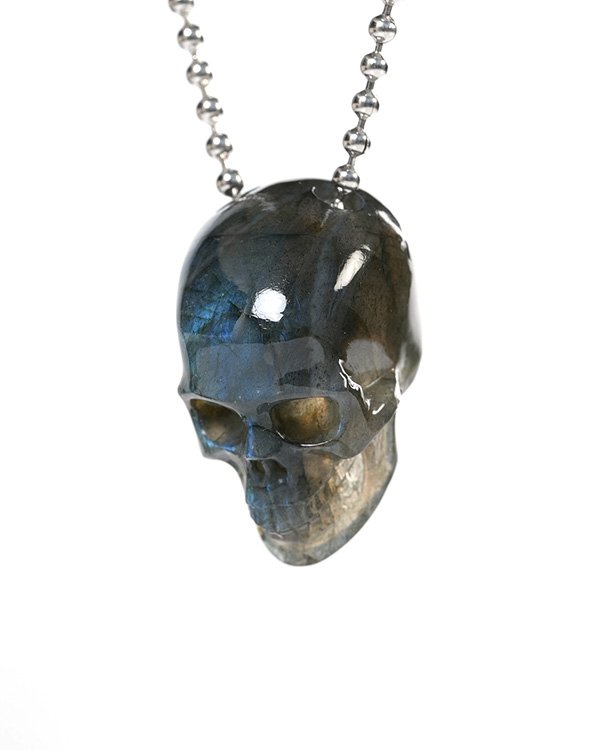 Hollow Essence - Necklace of 1.4" Labradorite Hand Carved Crystal Skull Pendant, Skull Jewelry