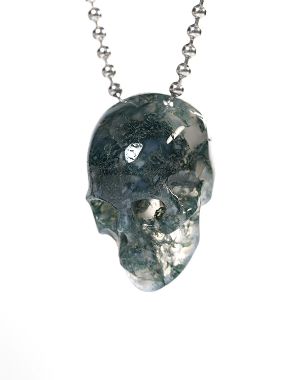 Hollow Essence - Necklace of 1.4" Green Moss Agate Hand Carved Crystal Skull Pendant, Skull Jewelry