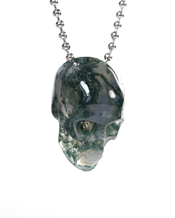 Hollow Essence - Necklace of 1.4" Green Moss Agate Hand Carved Crystal Skull Pendant, Skull Jewelry