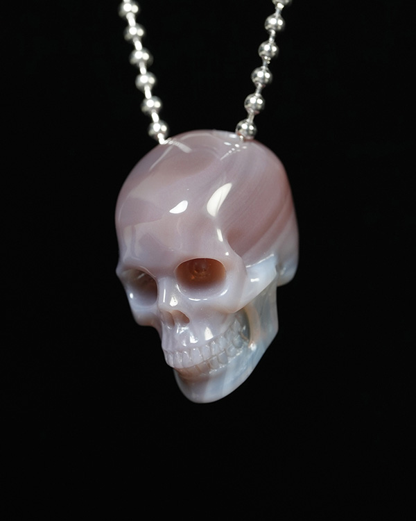 Hollow Essence - Gemstone Necklace of 1.4" Mozambique Agate Hand Carved Crystal Skull Pendant, Skull Jewelry