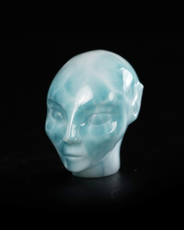 Gemstone 1.3" Larimar Hand Carved Fairy Elf Alien Crystal Skull Companion Sculpture, Crystal Healing