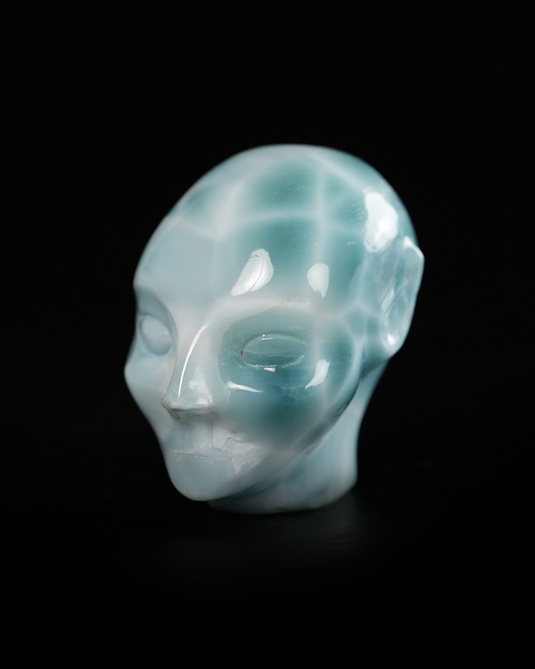 Gemstone 1.1" Larimar Hand Carved Fairy Elf Alien Crystal Skull Companion Sculpture, Crystal Healing