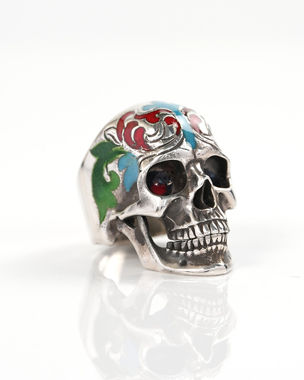 Vein of Life - US size 8 Gem Skull Ring of Cloisonné with 925 Sterling Silver Carved Skull, Skull Jewelry, for Women & Men