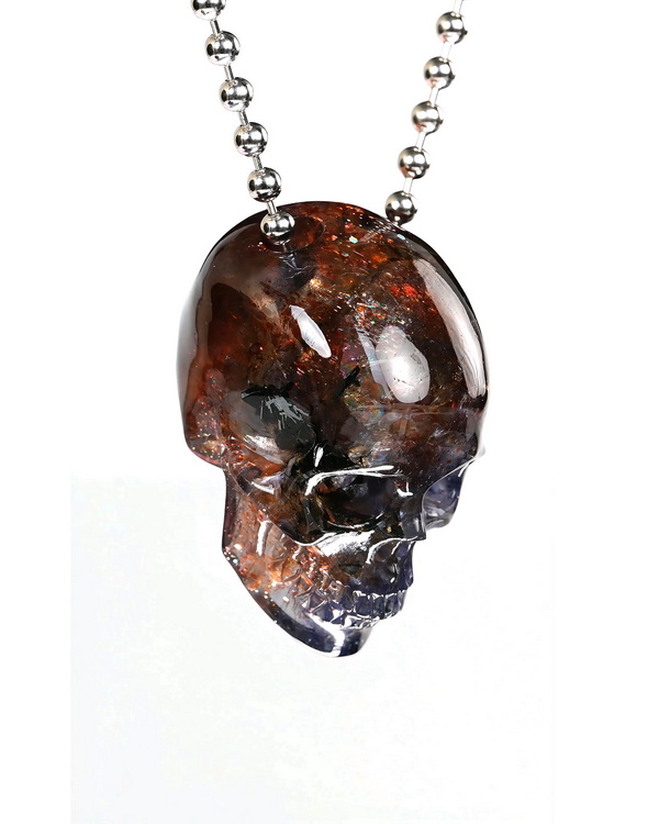 Necklace of 1.4" Iolite Hand Carved Crystal Skull Pendant, Skull Jewelry