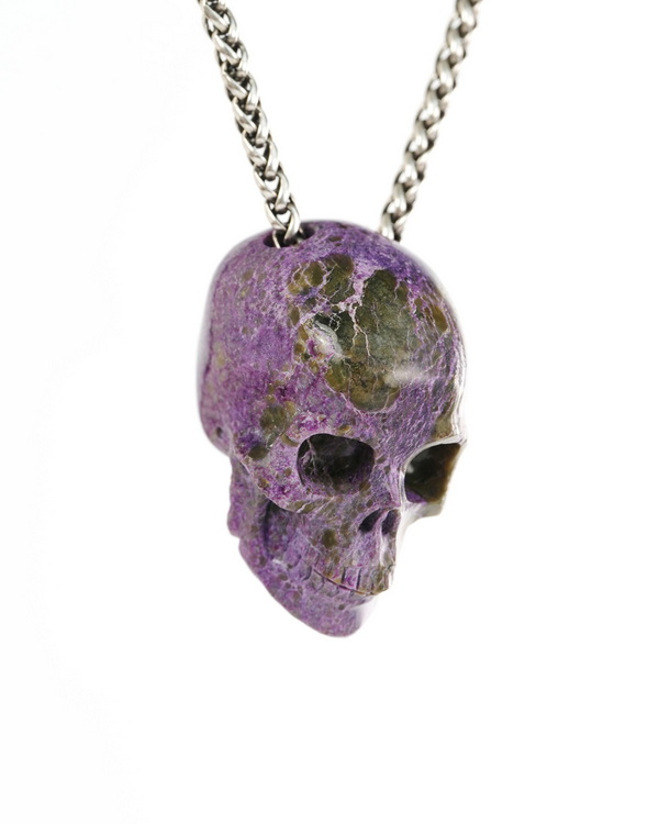 Hollow Essence - 1.4" Stichtite and Serpentine Hand Carved Crystal Skull Pendant, Crystal Healing Skull Jewelry, for Women & Men