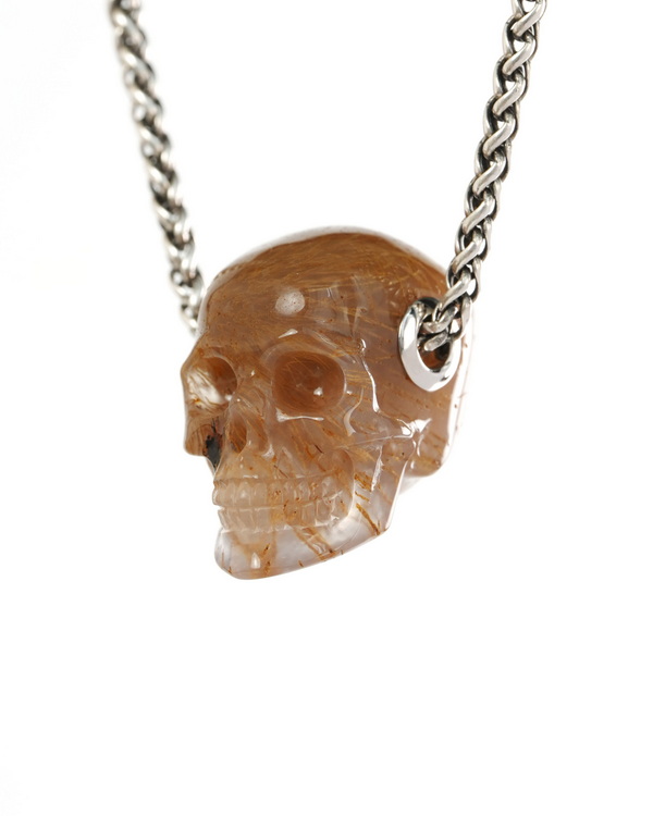 Skullis Signature 1.1" Sagenitic Agate Hand Carved Crystal Skull Pendant, Crystal Healing Skull Jewelry, for Women & Men