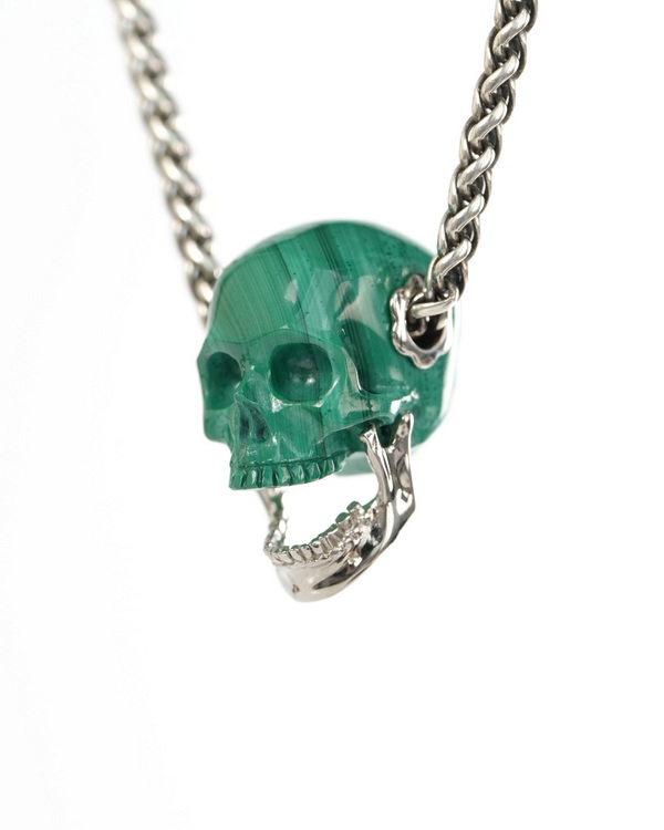 Gemstone Necklace of 0.9" Malachite Hand Carved Skull with Movable Jaw in 925 Sterling Silver Pendant, Crystal Healing Skull Jewelry, for Women & Men