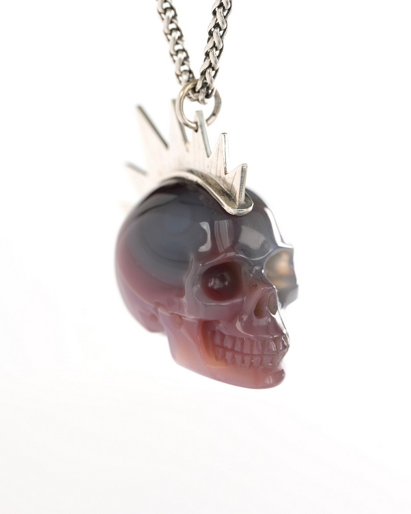 1.8" Mozambique Agate Hand Carved Crystal Skull with Punk Hair in Sterling Silver Pendant, Crystal Healing Skull Jewelry, for Women & Men