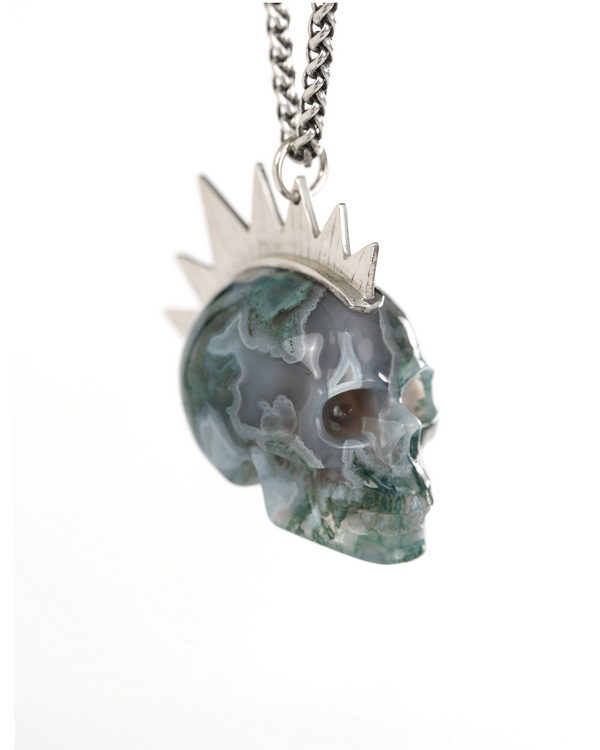 1.8" Green Moss Agate Hand Carved Crystal Skull with Punk Hair in Sterling Silver Pendant, Crystal Healing Skull Jewelry, for Women & Men