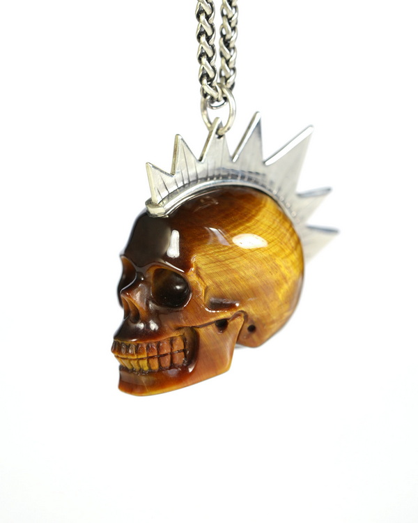Necklace of 1.8" Gold Tiger's Eye Hand Carved Crystal Skull with Punk Hair in Silver Pendant, Crystal Healing Skull Jewelry, for Women & Men