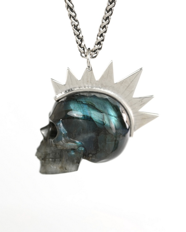 1.8" Labradorite Hand Carved Crystal Skull with Punk Hair in Sterling Silver Pendant, Crystal Healing Skull Jewelry, for Women & Men