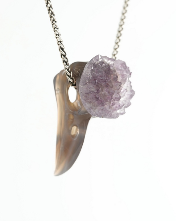 Night Pathfinder - 2.4" Amethyst & Agate Hand Carved Crystal Raven Skull Pendant, Crystal Healing Skull Jewelry, for Women & Men