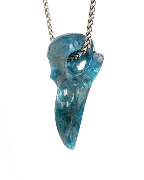 Night Pathfinder - 2.3" Blue Apatite Hand Carved Crystal Raven Skull Pendant, Crystal Healing Skull Jewelry, for Women & Men