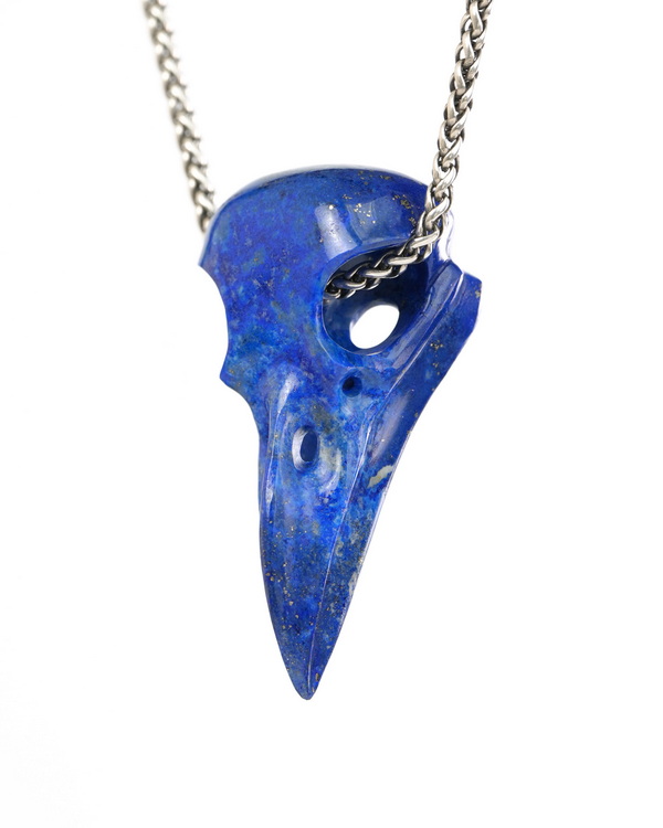Night Pathfinder - 2.3" Lapis Lazuli Hand Carved Crystal Raven Skull Pendant, Crystal Healing Skull Jewelry, for Women & Men